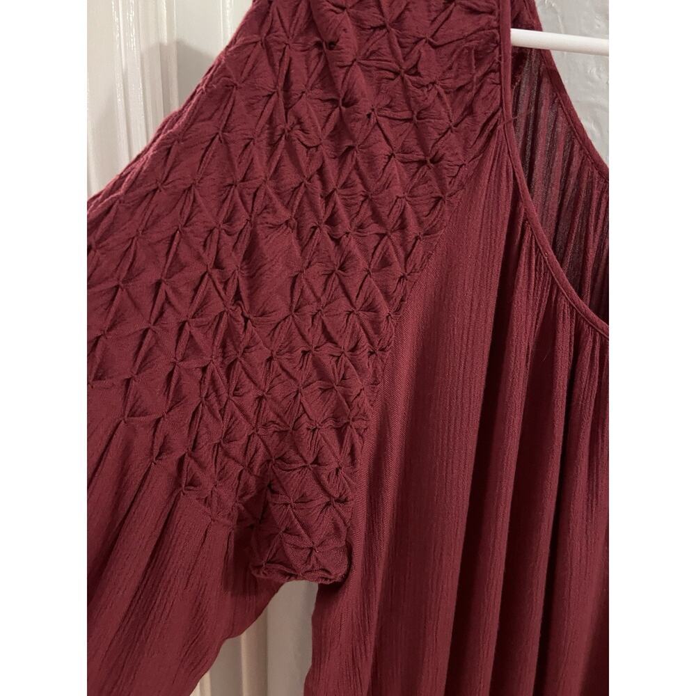 Free People Burgundy Peasant Smocked Mini Dress Sz S Boho Oversized - Picture 4 of 8
